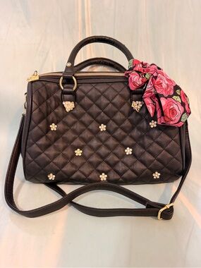Betsey Johnson Quilted Black Satchel with Flower Accents and Rose Scarf